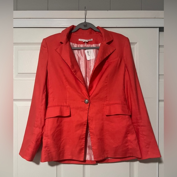 Veronica Beard $598 Linen Blend Sedgwick Blazer Red Orange Silver Buttons Preppy - Picture 4 of 10